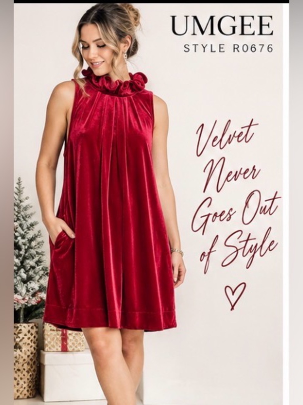 Umgee Red Velvet Ruffle Neck Sleeveless Swing Dress